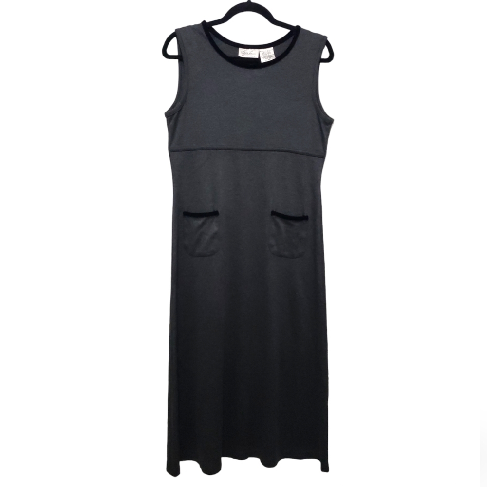 VINTAGE 90s Dark Grey Sleeveless Tapered Empire Waist Full Length Dress, Size S